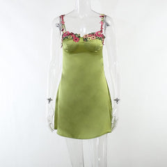 Satin Flower Applique Contrast Zip-Up Cami Mini Dress