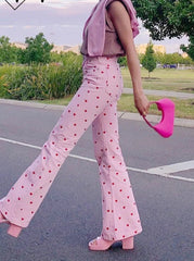 2024 Fashion Trends Y2K Pink Pants Heart Printed Sweet Trousers Vintage Aesthetic Party Pants Pockets Joggers Festival Outfits Women New