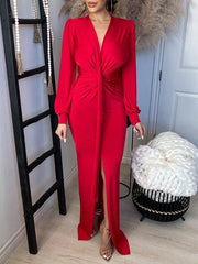V Neck Long Sleeve Slim Fit Dress