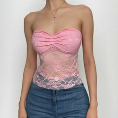 Lace Solid Ruched Sweetheart Neck Backless Self Tie Tube Top