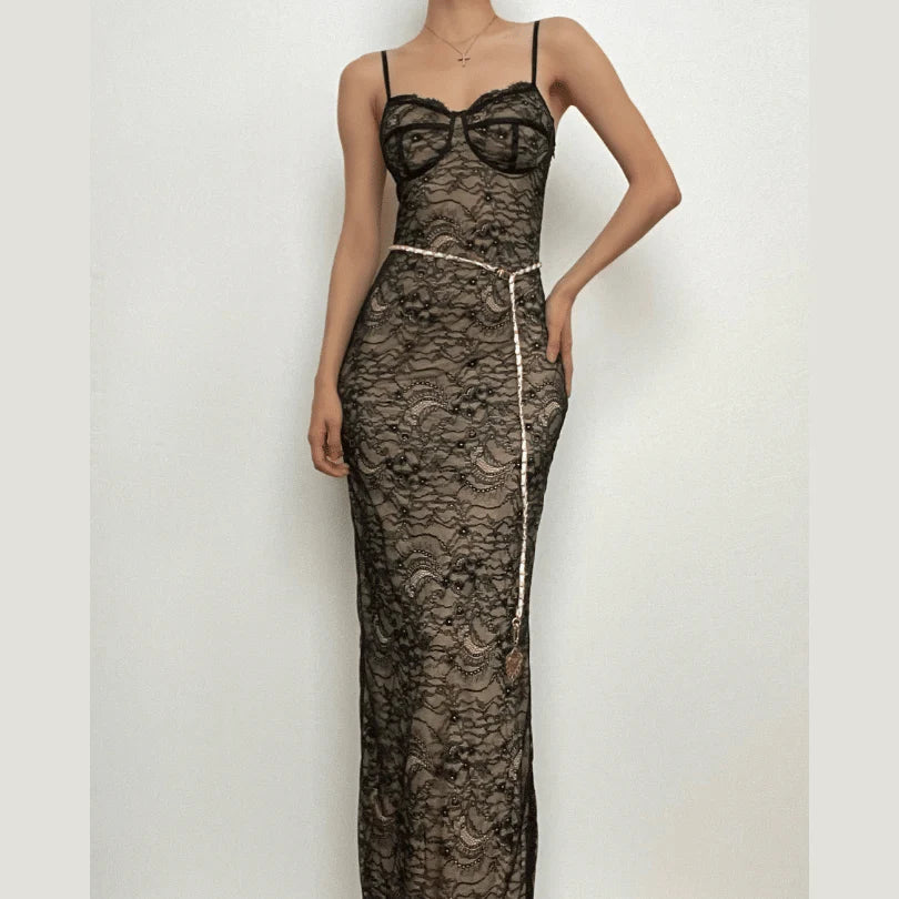 Lace Contrast Zip-Up Backless Slit Cami Maxi Dress