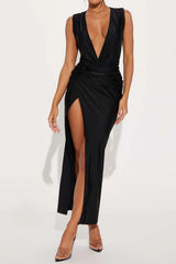 Wrap Ruched Slit Deep Graceful V-Neck Sleeveless Maxi Dress