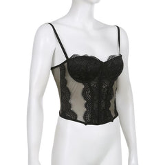 Mesh Button Lace Hem Backless Bustier Cami Top