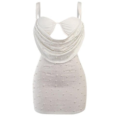 Sleeveless Solid Ruched Beaded Hollow Out Backless Cowl Neck Cami Dress