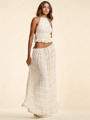 Charm Pleated Drawstring Charming Waist Tiered Maxi Skirt