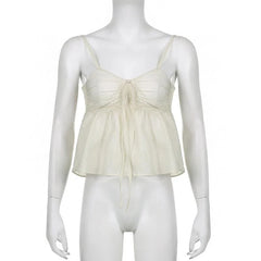 Solid Ruched Ruffle V Neck Smocked Self Tie Cami Top