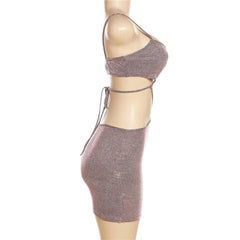 Low Cut V Neck Textured Hollow Out Self Tie Cami Mini Dress