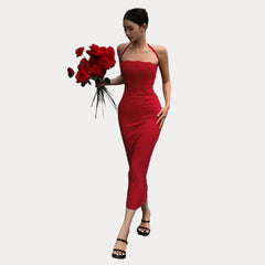 French Halter Neck Long Slim Dress