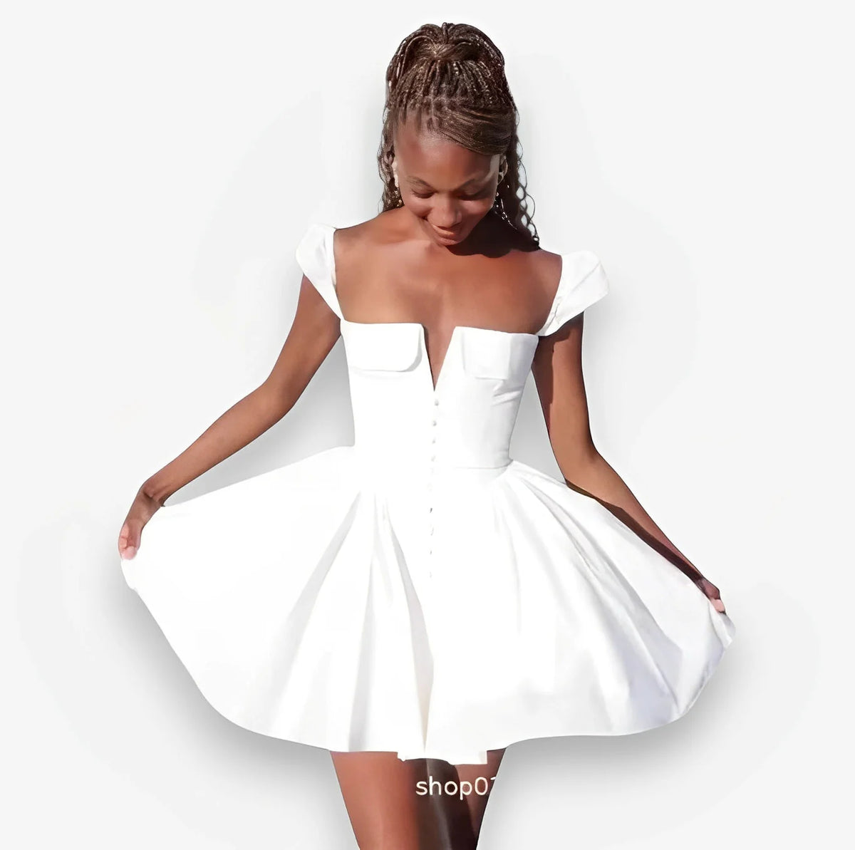 V-Neck White Pleated Short Dress