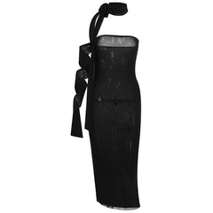 Flower Applique Solid Lace Up Ribbon Tube Midi Dress