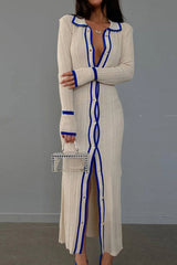 Lapel Contrast Single-Breasted Ribbed Dress