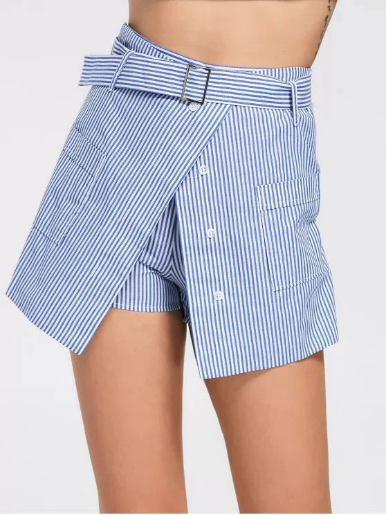 Trendy Belted Striped Skorts With Pockets