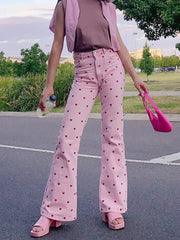 2024 Fashion Trends Y2K Pink Pants Heart Printed Sweet Trousers Vintage Aesthetic Party Pants Pockets Joggers Festival Outfits Women New