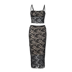 Lace Contrast Button Backless Square Neck Cami Midi Skirt Set
