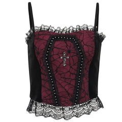 Backless Lace Patchwork Ruffle Contrast Cami Crop Top