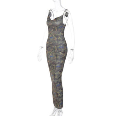 Leopard Print Contrast Cowl Neck Backless Cami Maxi Dress