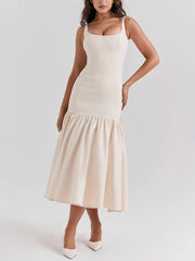 Graceful Square Neck Wide Graceful Strap Drop Waist Midi Dress