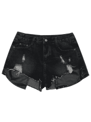 Fashion Ripped Cutoffs Pu Panel Denim Shorts