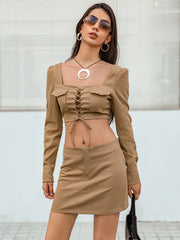 Lace-Up Cropped Top And Skirt Set