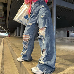 Spring And Autumn Women'S Ripped Jeans High Waist Loose Straight Pants Wide Leg Pants Women'S Jeans Y2K High Street Jeans