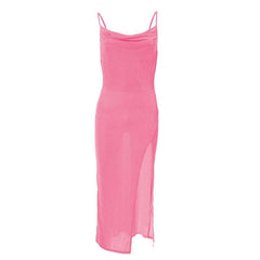 Cowl Neck Slit Backless Solid Irregular Cami Midi Dress