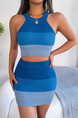 Color Block Sleeveless Crop Knit Top And Skirt Set