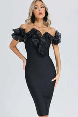 Bandage One-Line Strapless Mesh Black Dress