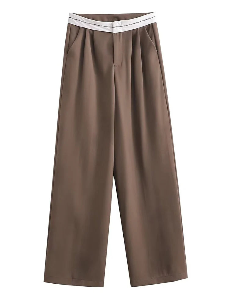 2024 Women Fashion Side Pockets Patchwork Straight Pants Vintage High Waist Zipper Fly Female Casual Trousers Mujer