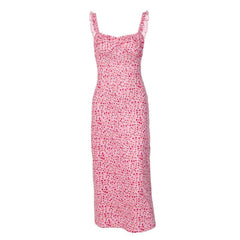 Flowers Contrast Print Ruffle Ruched Square Neck Backless Cami Midi Dress