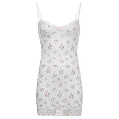 Lace Hem Flower Print Backless Contrast Cami Mini Dress