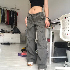 Hot Sell Quality Grunge Streetwear Cargo Pants Woman Low Waist Baggy Mom Jeans Vintage 90S Hippie Wide Leg Denim Trousers Korean Outfits