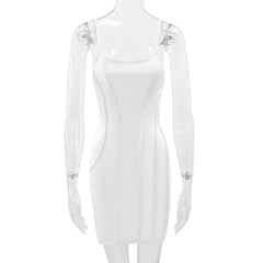 Slit Low Cut Solid Stitch Square Neck Backless Cami Dress