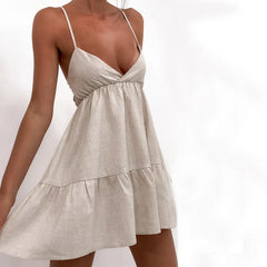 Retro Suspender V-Neck Pleated Short Dress