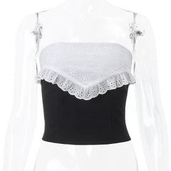Backless Zip-Up Contrast Lace Patchwork Ruched Tube Top
