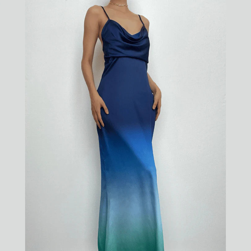 Cowl Neck Gradient Backless Ruched Cami Maxi Dress