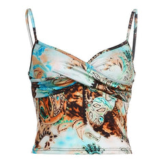 Abstract Print Ruched Contrast V Neck Backless Cami Crop Top - Final Sale