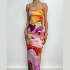 Flower Print Contrast U Neck Backless Slit Cami Maxi Dress