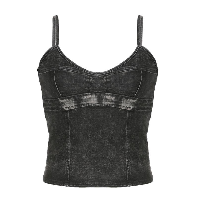 Denim V Neck Zip-Up Backless Cami Crop Top - Final Sale