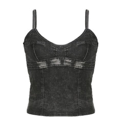 Denim V Neck Zip-Up Backless Cami Crop Top - Final Sale