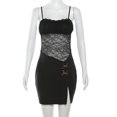 Lace Patchwork Buckle Ruched Square Neck Slit Cami Mini Dress