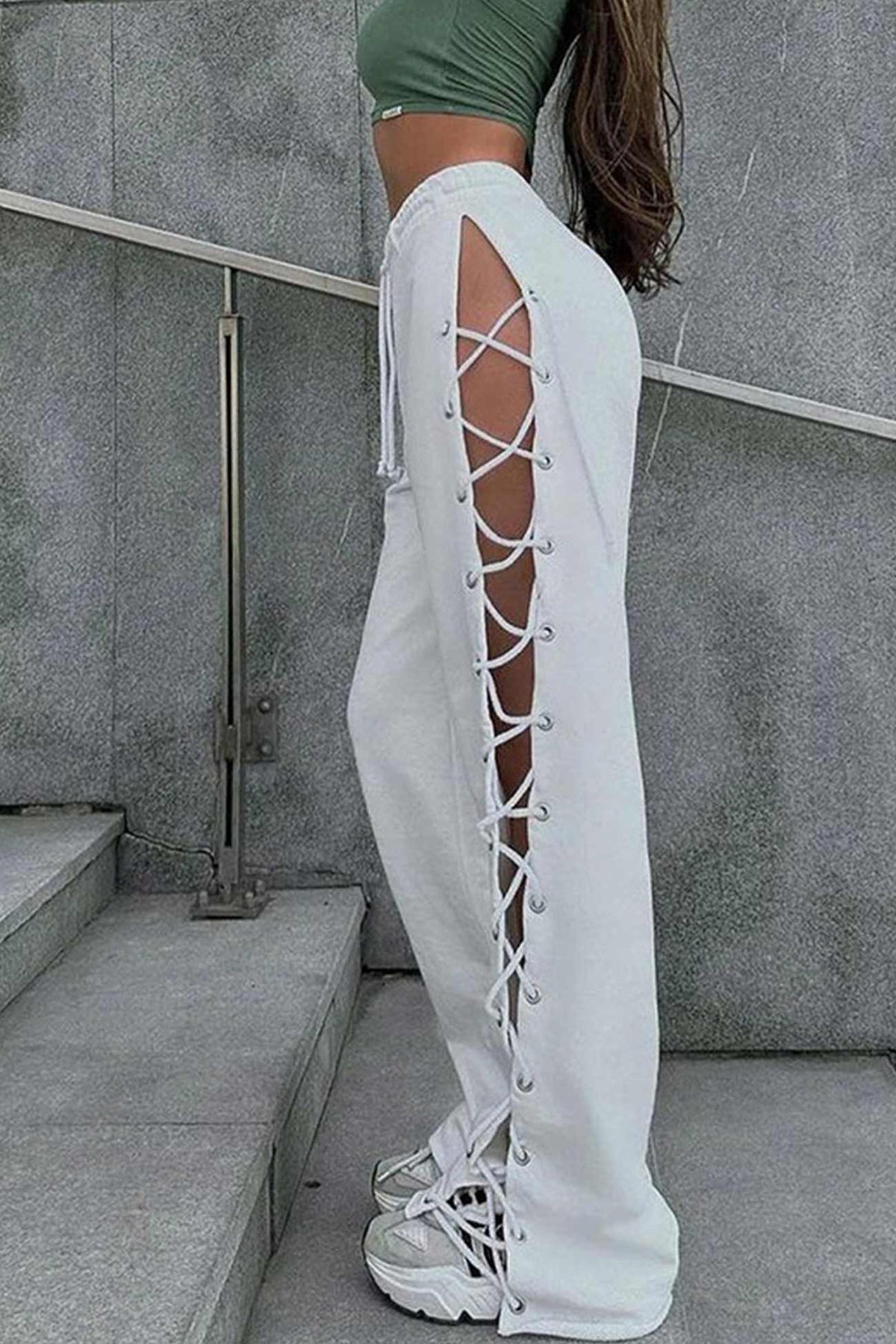 Side Slit Tie-Up Cutout Wide-Leg Long Pants