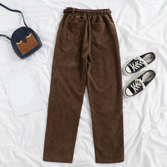 High Waist Wide Leg Corduroy Long Pants With Belt