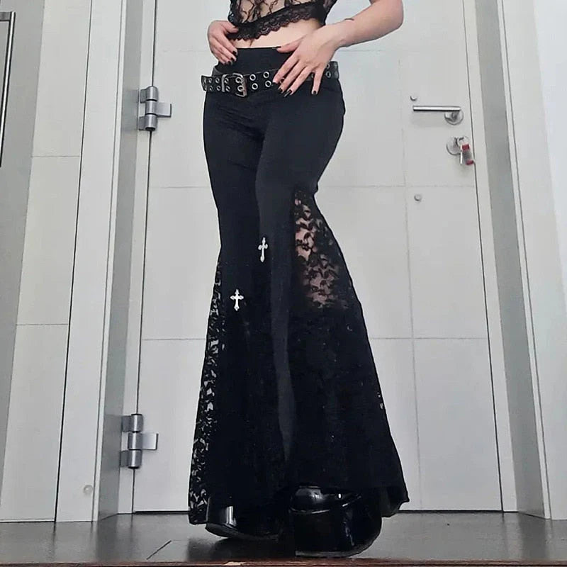 Goth Mall Flare Pants Sexy Black Lace Patchwork High Waist Vintage Harajuku Hippie Punk Grunge Streetwear  Y2K Pants