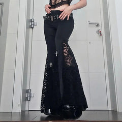 Goth Mall Flare Pants Sexy Black Lace Patchwork High Waist Vintage Harajuku Hippie Punk Grunge Streetwear  Y2K Pants