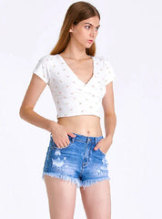 High Waist Holes Fringed Edges Shorts
