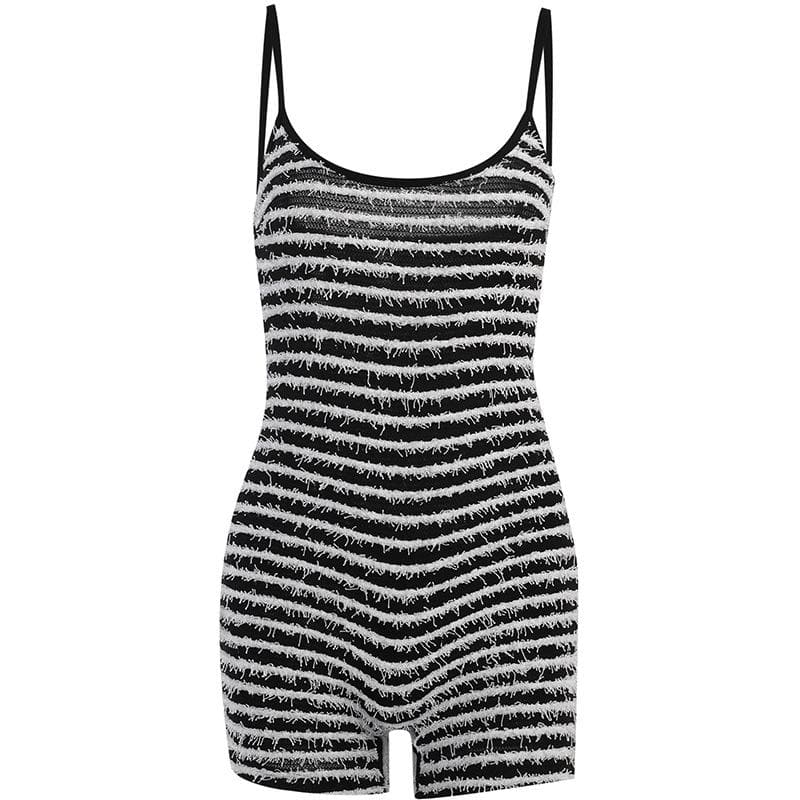 Contrast Striped Fluffy Backless Cami Romper