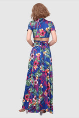 V-Neck Tied Back Leaf Print Two-Piece Dress