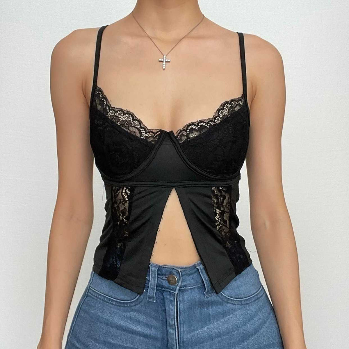 Corset U Neck Button Solid Lace Cami Crop Top