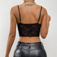 Ruched Lace Hem Bustier Button Backless Solid Cami Top