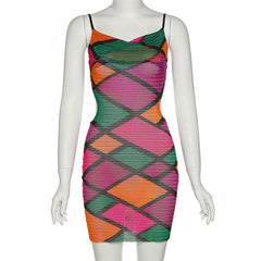 Hollow Out Sheer Mesh See Through Print Contrast Cami Dress